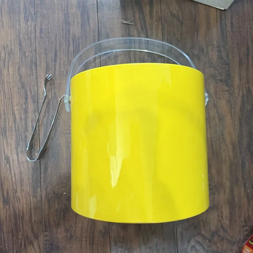 Vintage Lemon Yellow Ice Bucket Clear Lid Vinyl Acrylic Bar Ware with Handle, C1